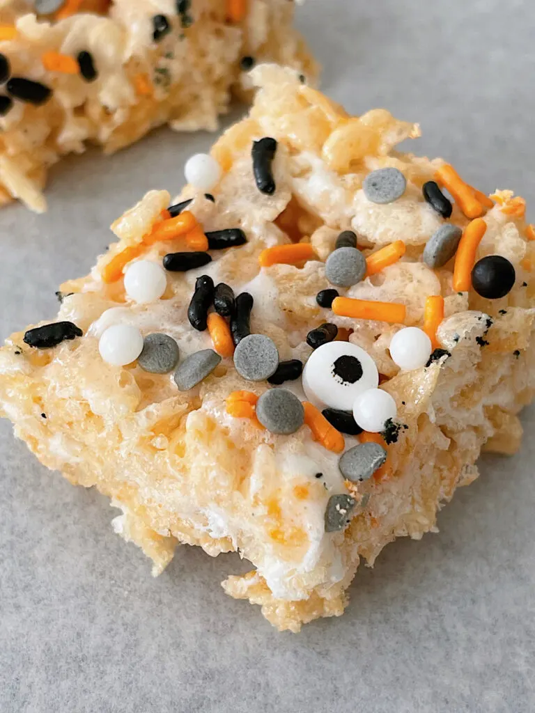 A Halloween Rice Krispie Treat with sprinkles.