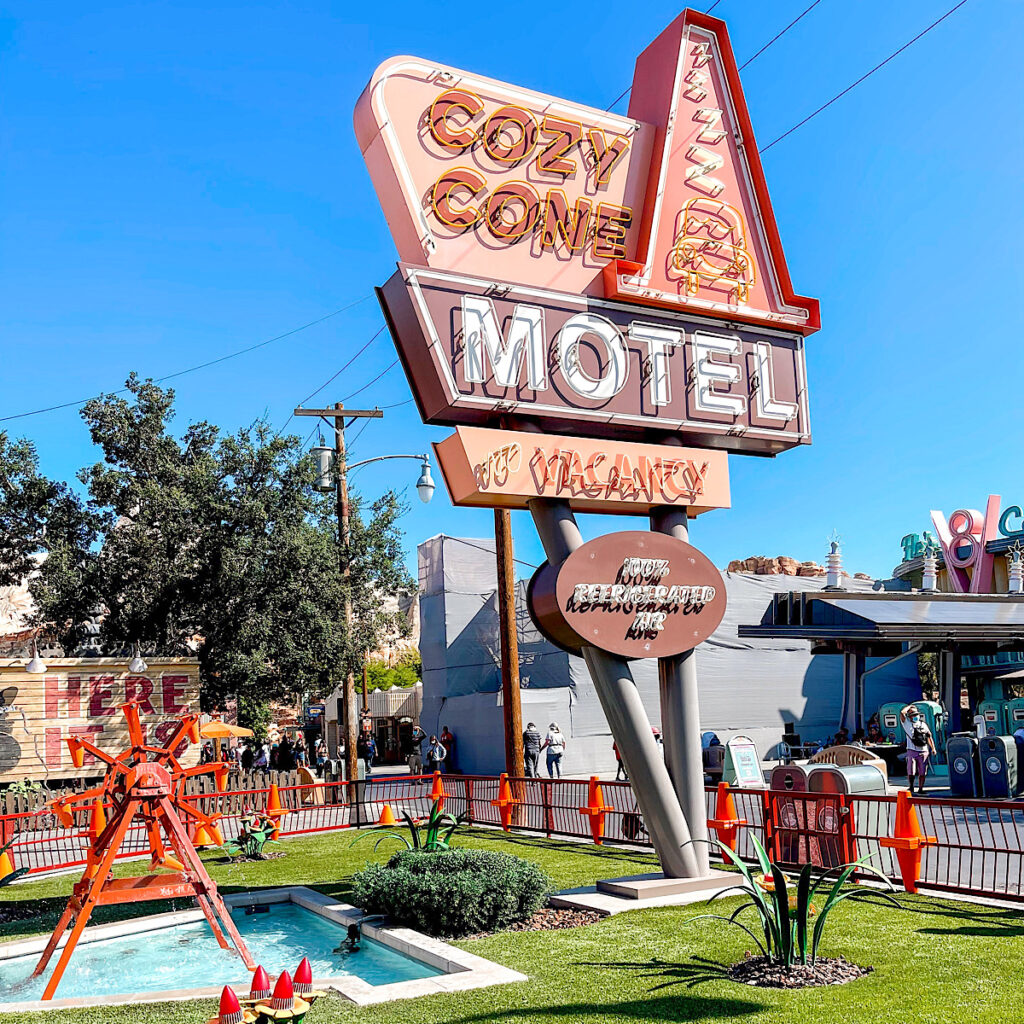 Cozy Cone Motel sign inside Cars Land at Disneyland in California.
