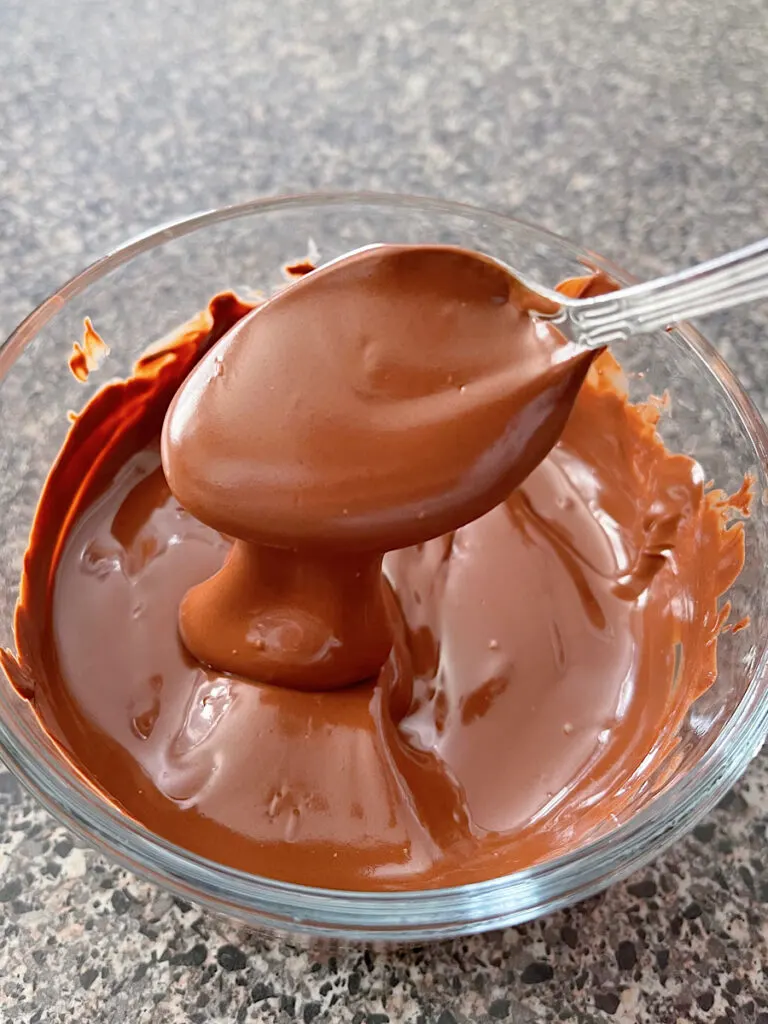 Melted chocolate in a bowl with a spoon.