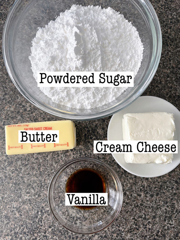 Ingredients to make cream cheese frosting for pumpkin bars.