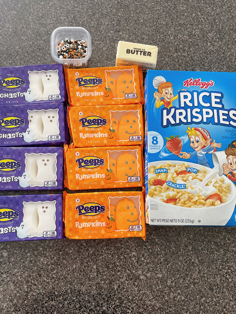 Ingredients to make Halloween Rice Krispie Treats.