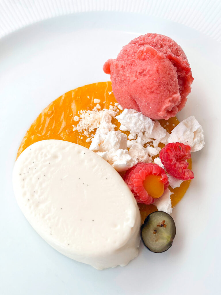 Vanilla Berry Panna Cotta: served with Strawberry Basil Sorbet.