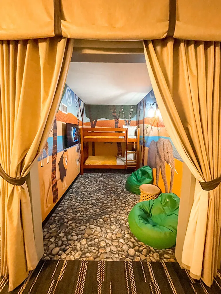 Bunk bed room with bean bag chairs in a King Bunk Suite at Kalahari Resort in Texas.