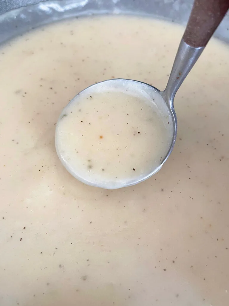 Thanksgiving turkey gravy in a pan with a ladle.