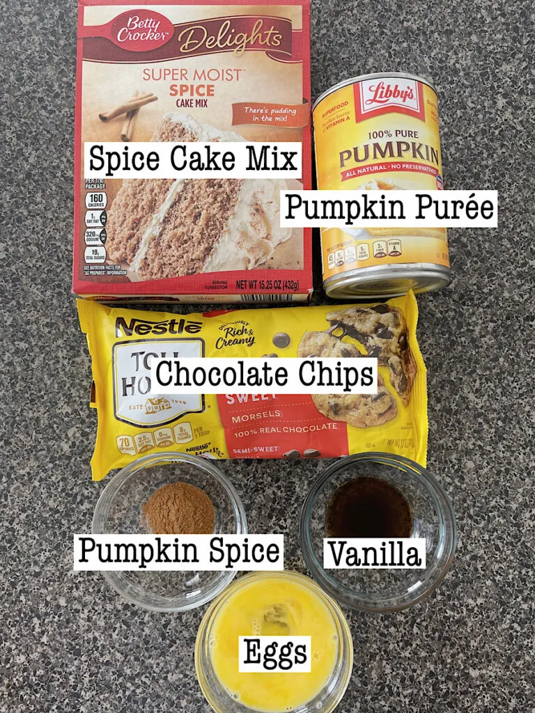 Ingredients for Pumpkin Chocolate Chip Cookies with a Spice Cake Mix.