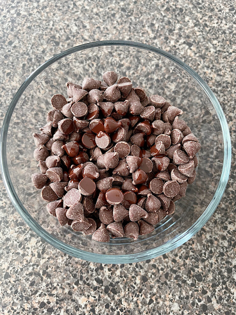 A bowl of chocolate chips and a little bit of oil.