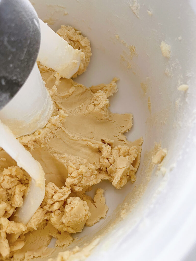 Snowball cookie dough in a stand mixer.