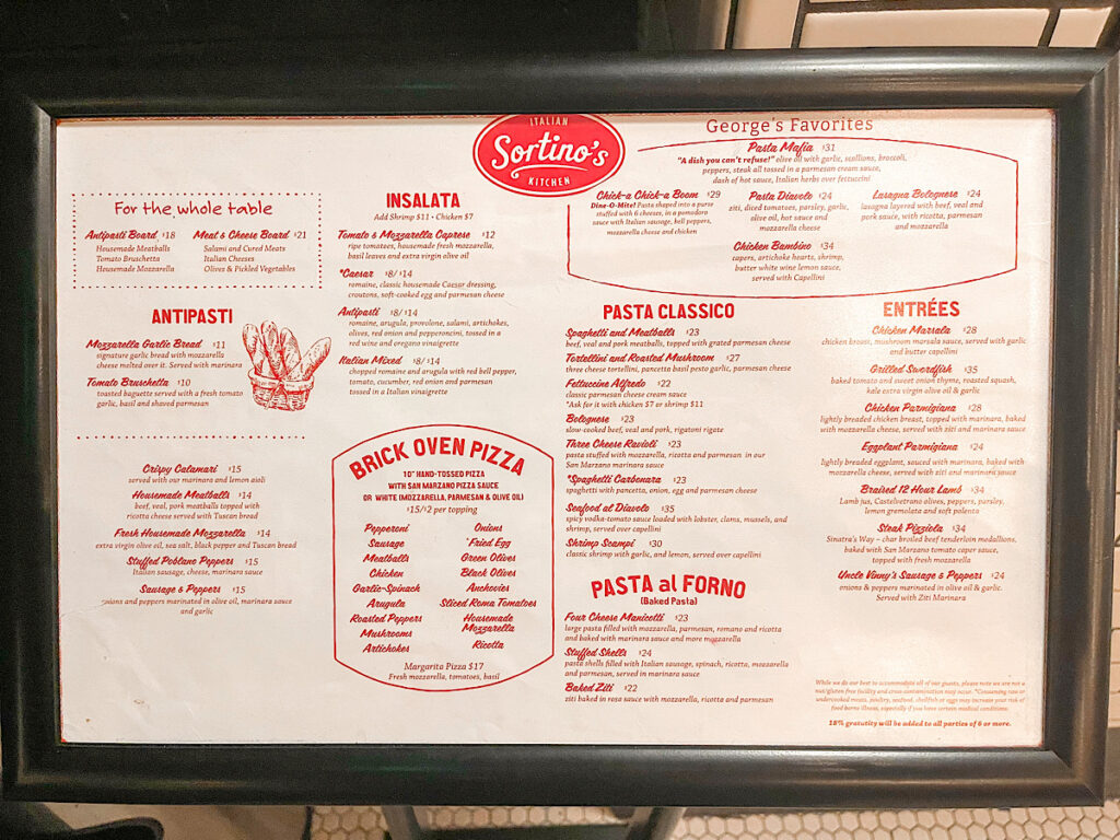 Sortino's Italian Kitchen menu from Kalahari Resort in Texas.