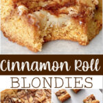 Pictures of cinnamon roll blondies cut into squares.
