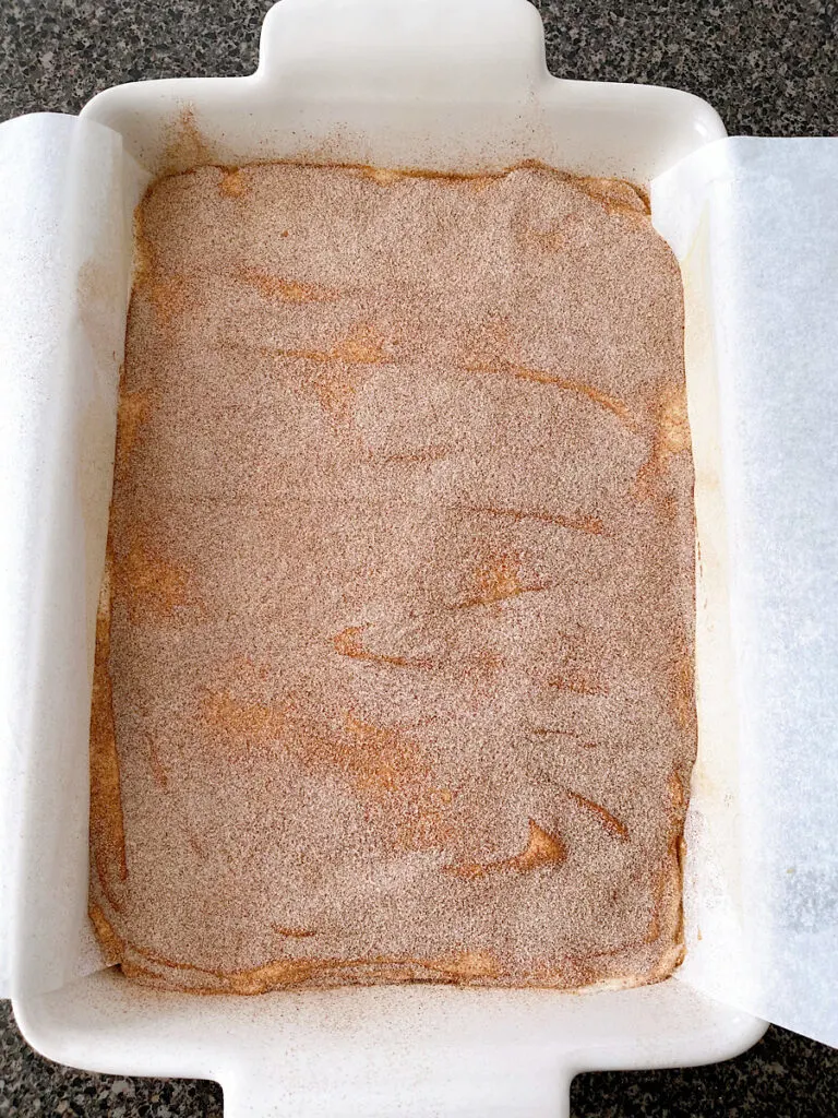 Churro toffee in a baking dish.