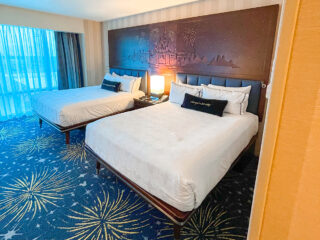 Two queen beds in a room at the Disneyland Hotel.