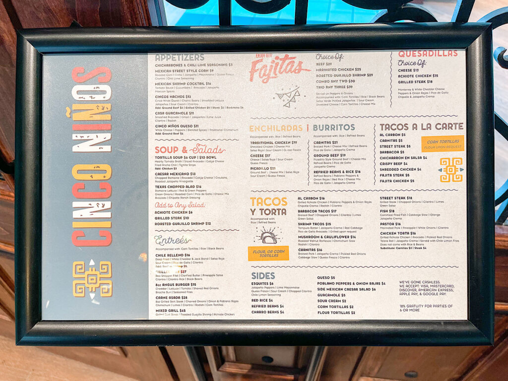 Kalahari Resort's Cinco Nino's restaurant Menu.