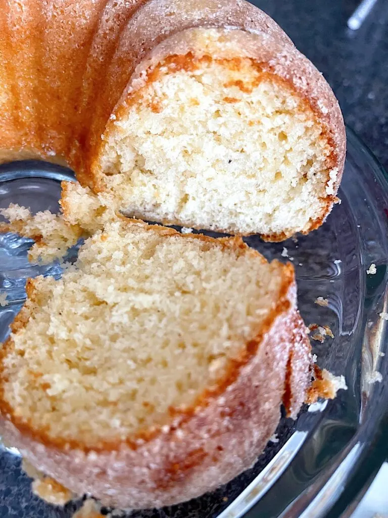 Slices of Eggnog bundt cake.