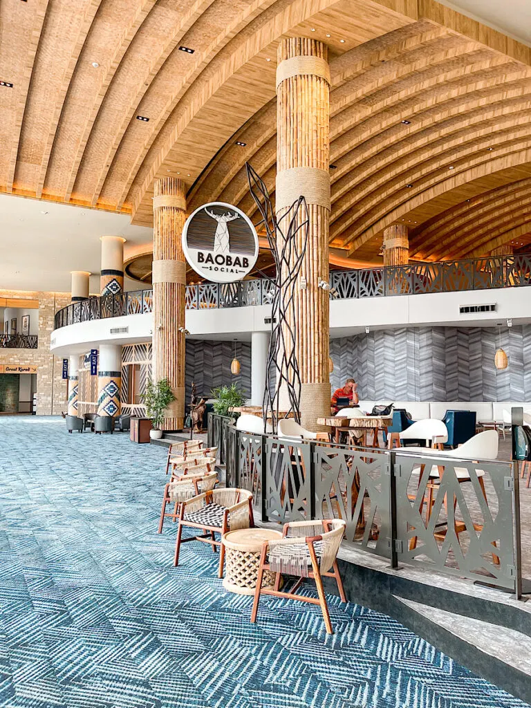 Baobab Social is bar is located on the lower level of the beautiful lobby of the resort.
