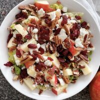 A salad in a bowl with lettuce, apples, bacon, feta cheese, and dried cranberries.
