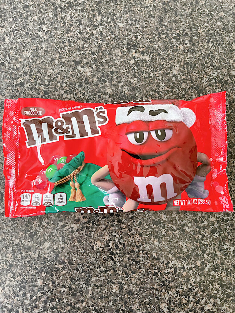 A bag of holiday red and green M&Ms.