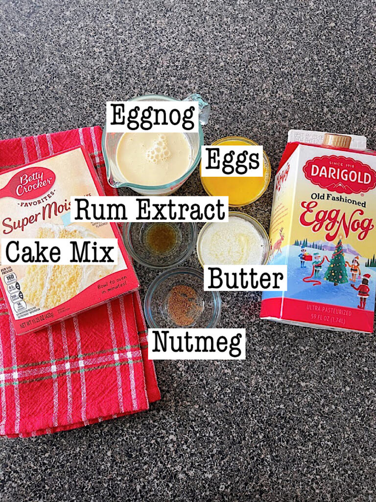 Ingredients to make Eggnog Bundt Cake.