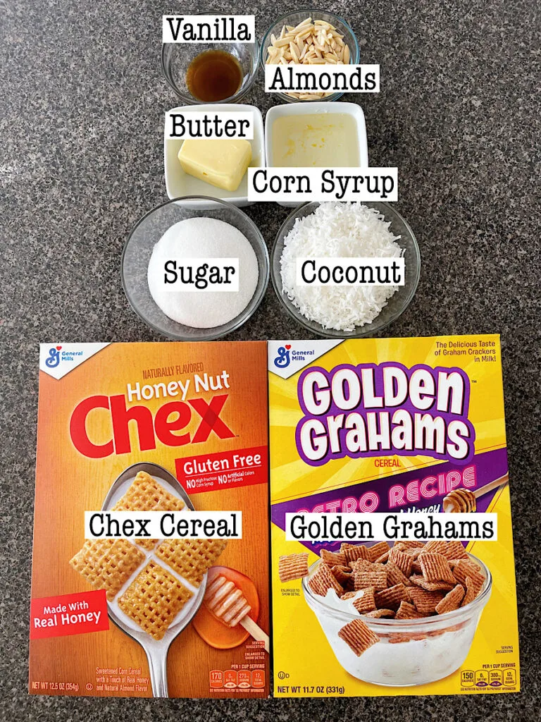 Ingredients to make Christmas Crack Chex Mix including Golden Grahams, Chex, Coconut, and Almonds.