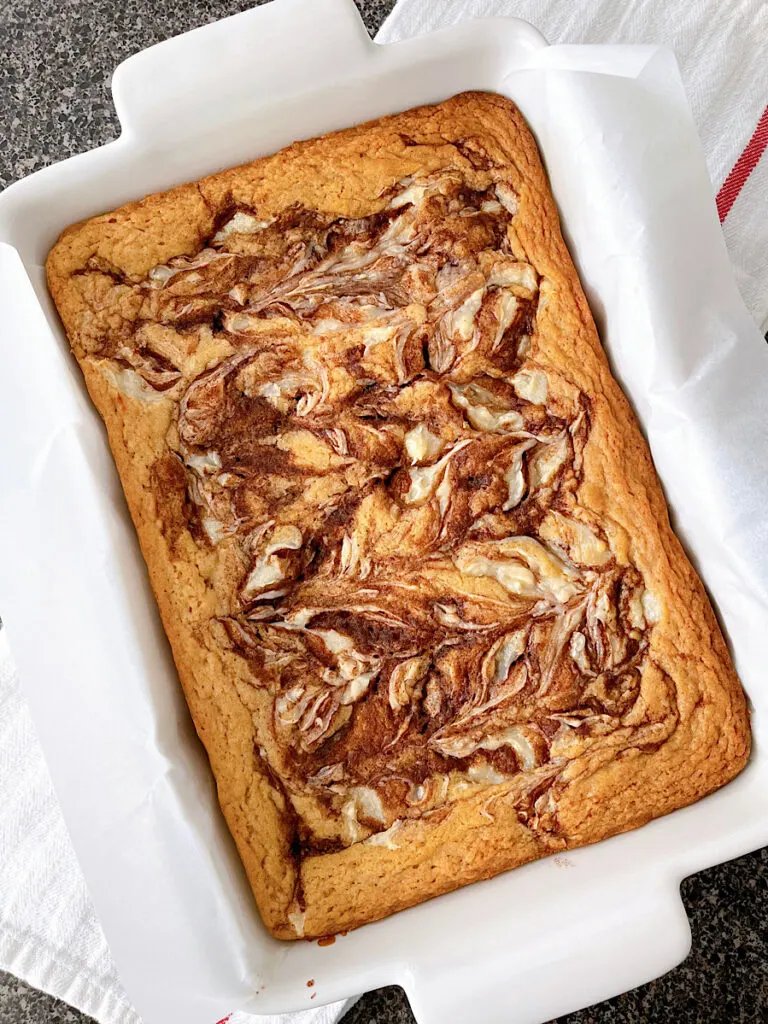 A pan of cinnamon roll blondies.