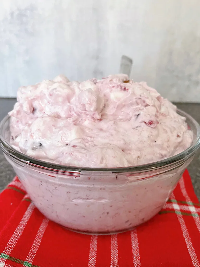 A bowl of Thanksgiving cranberry salad with a spoon on a red and white towel.