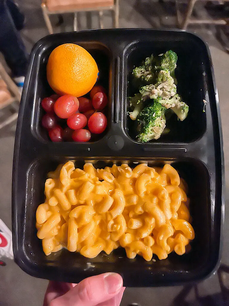 Mac & Cheese kids dinner from Hungry Bear Fantasmic Dining Package at Disneyland with a side of fruit and broccoli.
