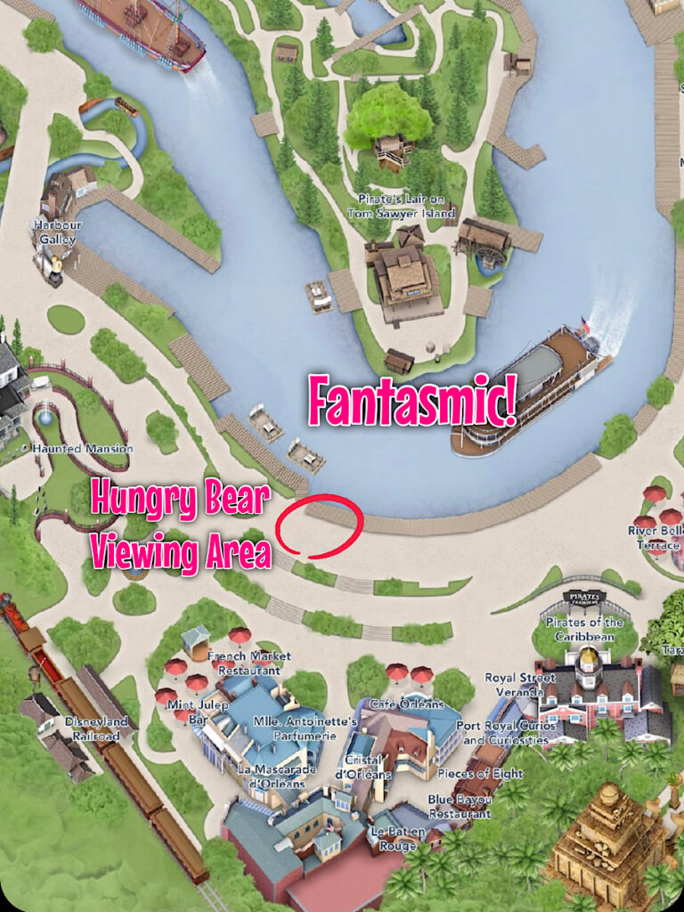 Map showing Fantasmic Dining Package viewing area at Disneyland.