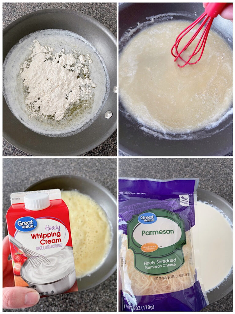 A collage with pictures showing how to make Alfredo sauce.