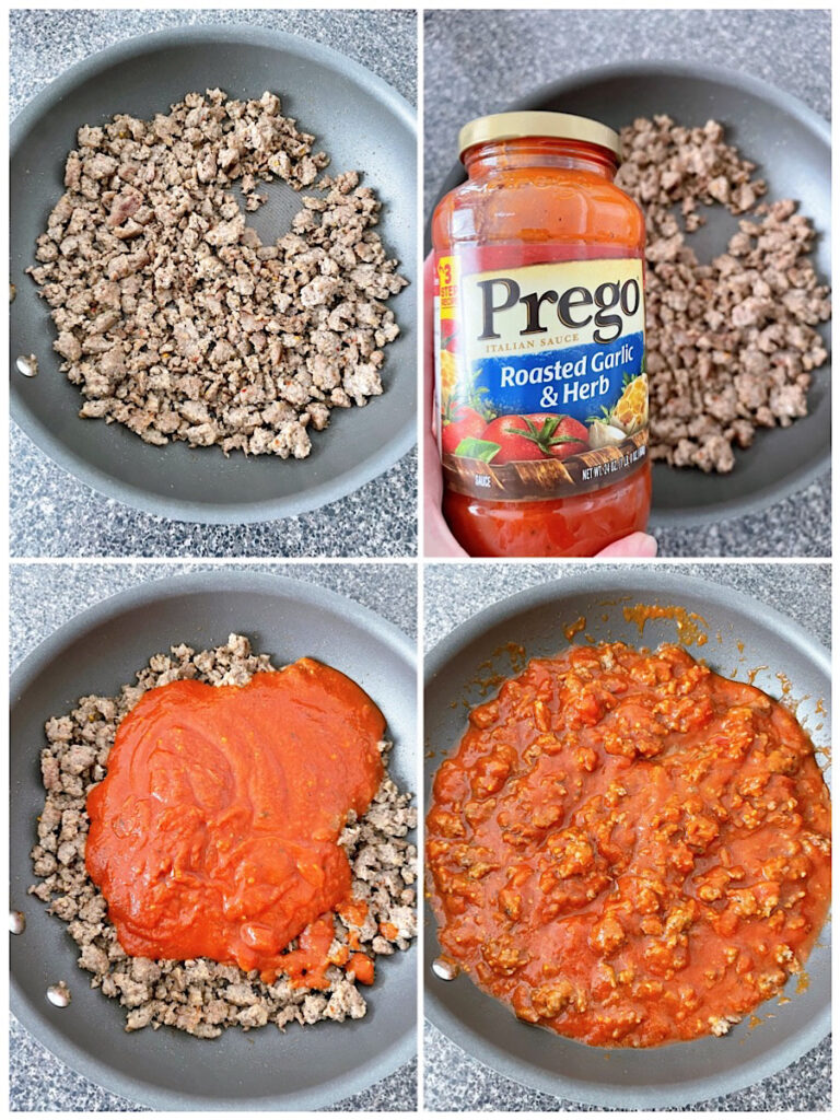 A collage of pictures showing how to make sausage spaghetti sauce.