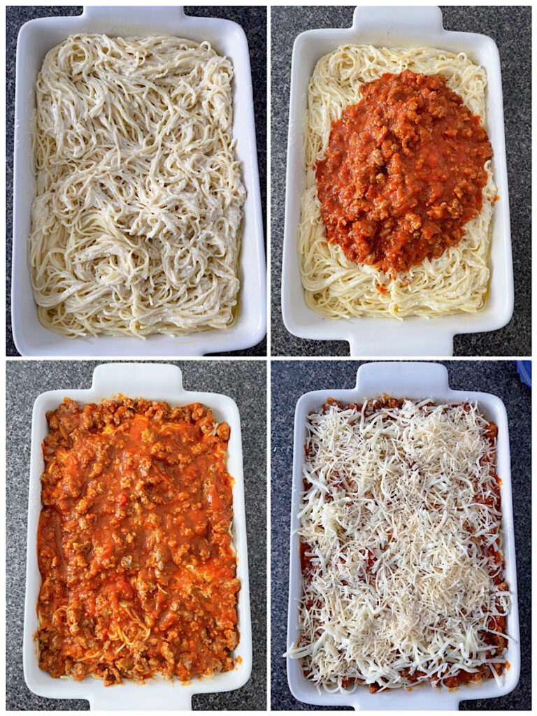 A collage of pictures showing how to assemble TikTok Spaghetti Alfredo.