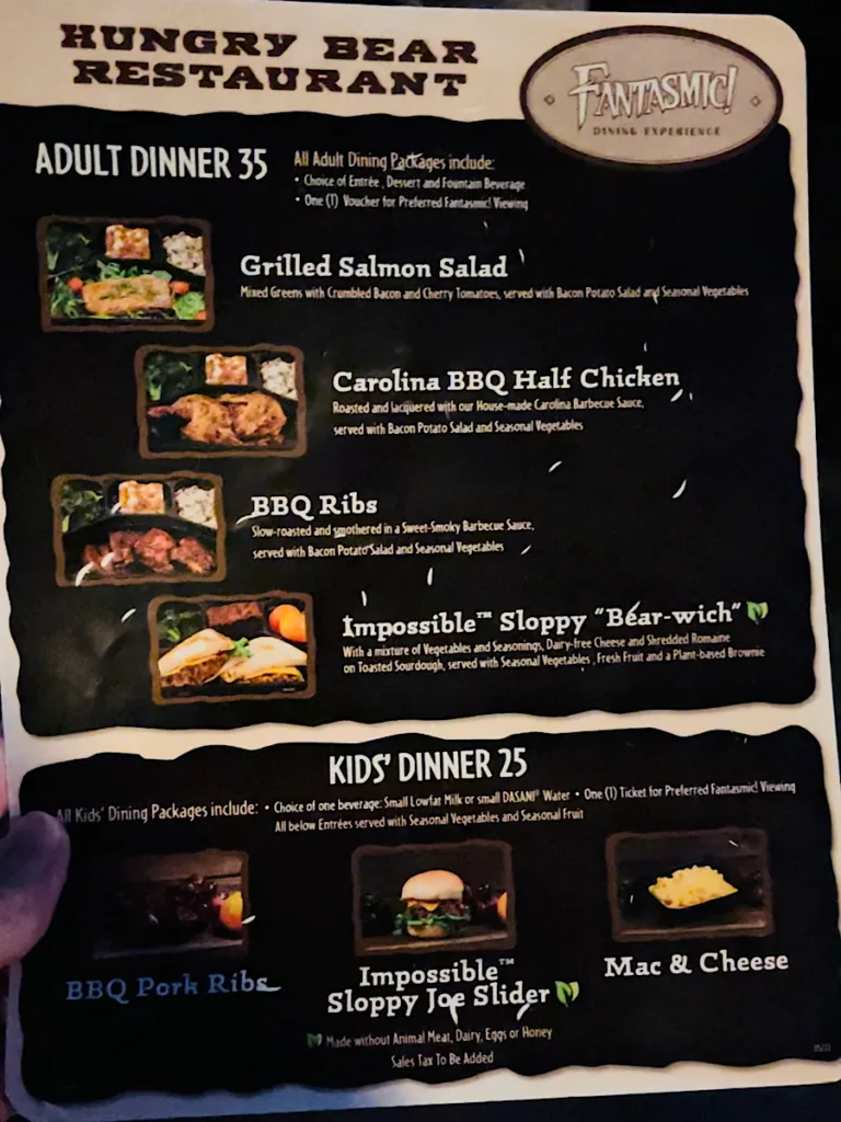 Hungry Bear Fantasmic Dining Package Menu.