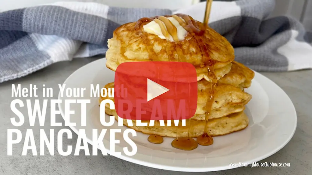 Melt in your mouth Sweet Cream Pancakes YouTube thumbnail image.