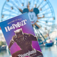 A Disneyland ticket with Black Panther in front of the Mickey Mouse ferris wheel at Disney California Adventure.