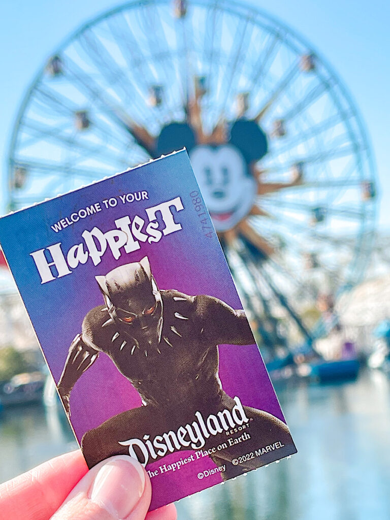 A Disneyland ticket with Black Panther in front of the Mickey Mouse ferris wheel at Disney California Adventure.