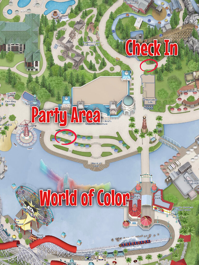 A map showing where to check in and where to sit for the World of Color dessert party.
