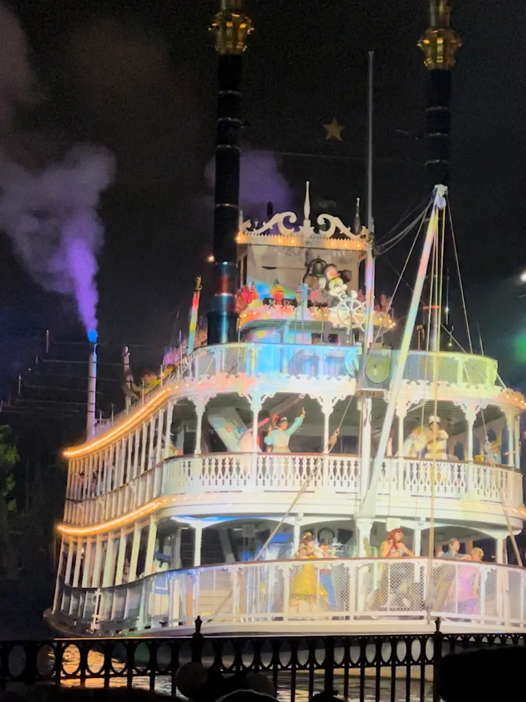 Mark Twain Riverboat with Disney characters in the Fantasmic show at Disneyland.