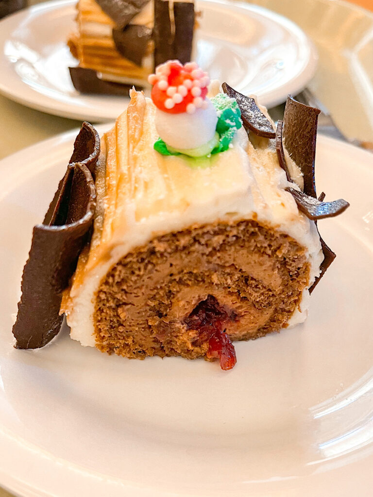 The Yule Log dessert included with the Plaza Inn dining package.