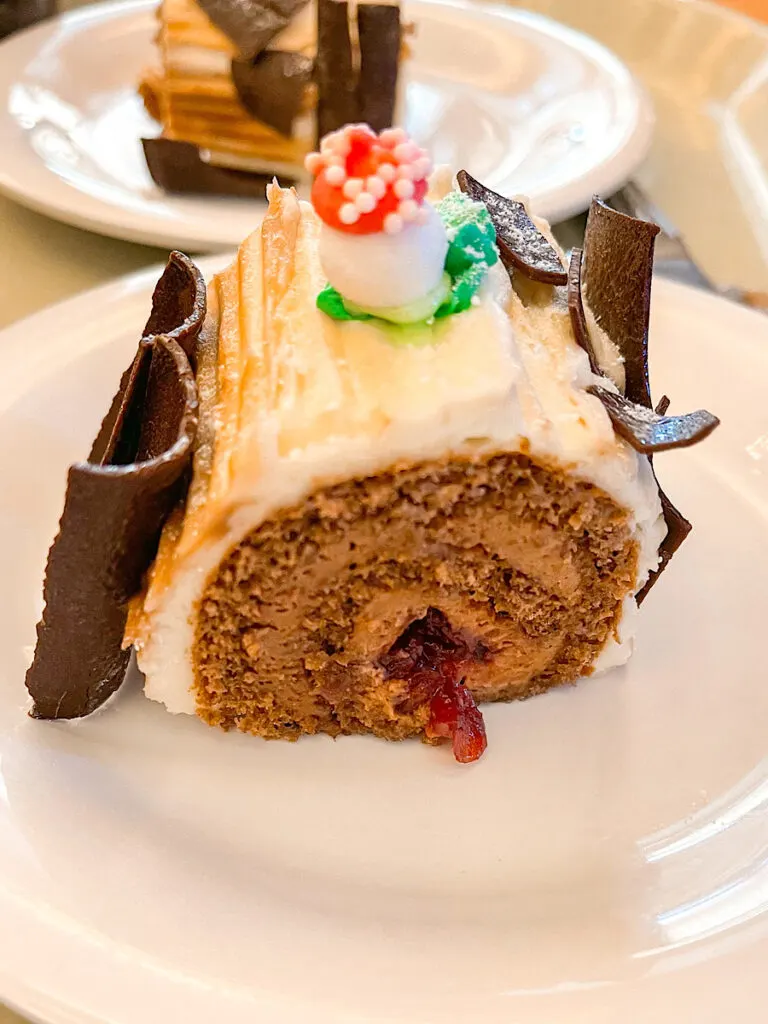 The Yule Log dessert included with the Plaza Inn dining package.