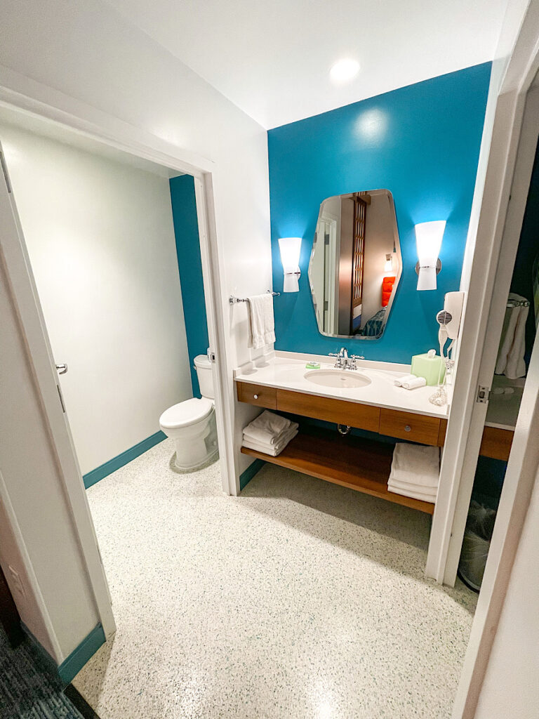 Bathroom vanity in a family suite at Cabana Bay Beach Resort.