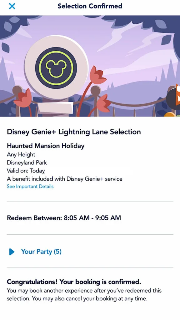 A screenshot of Disney Genie+ reservation for Haunted Mansion Holiday at Disneyland.