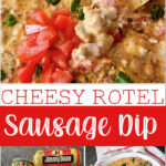 Cheesy Rotel Sausage Dip and a picture of its ingredients.