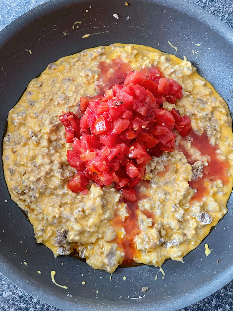 Sausage, melted cheese, and Rotel, in a skillet.