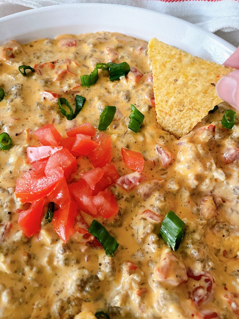 A dish of cheesy Rotel dip with sausage next to tortilla chips.