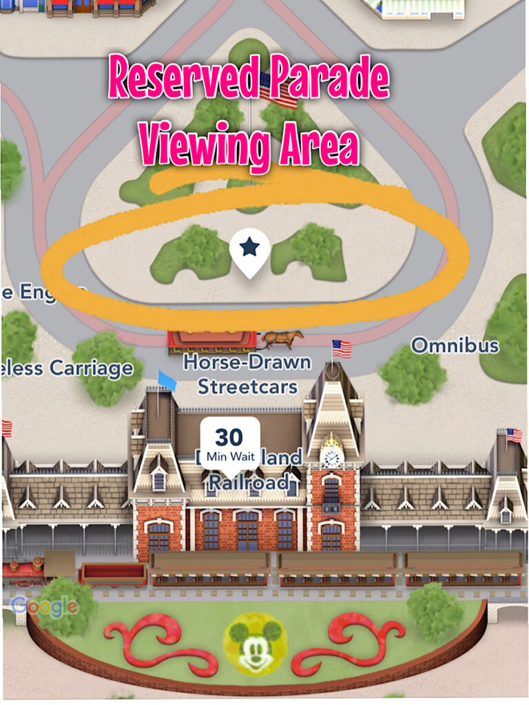 A map of Disneyland showing the location of the reserved parade seating for the Plaza Inn dining package.