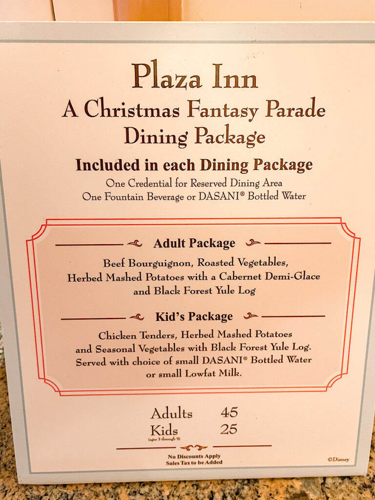 The Plaza Inn parade dining package menu.