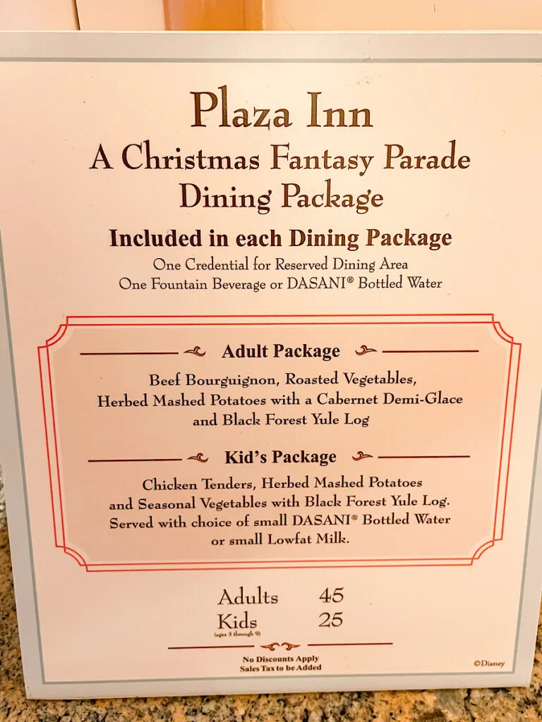 The Plaza Inn parade dining package menu.