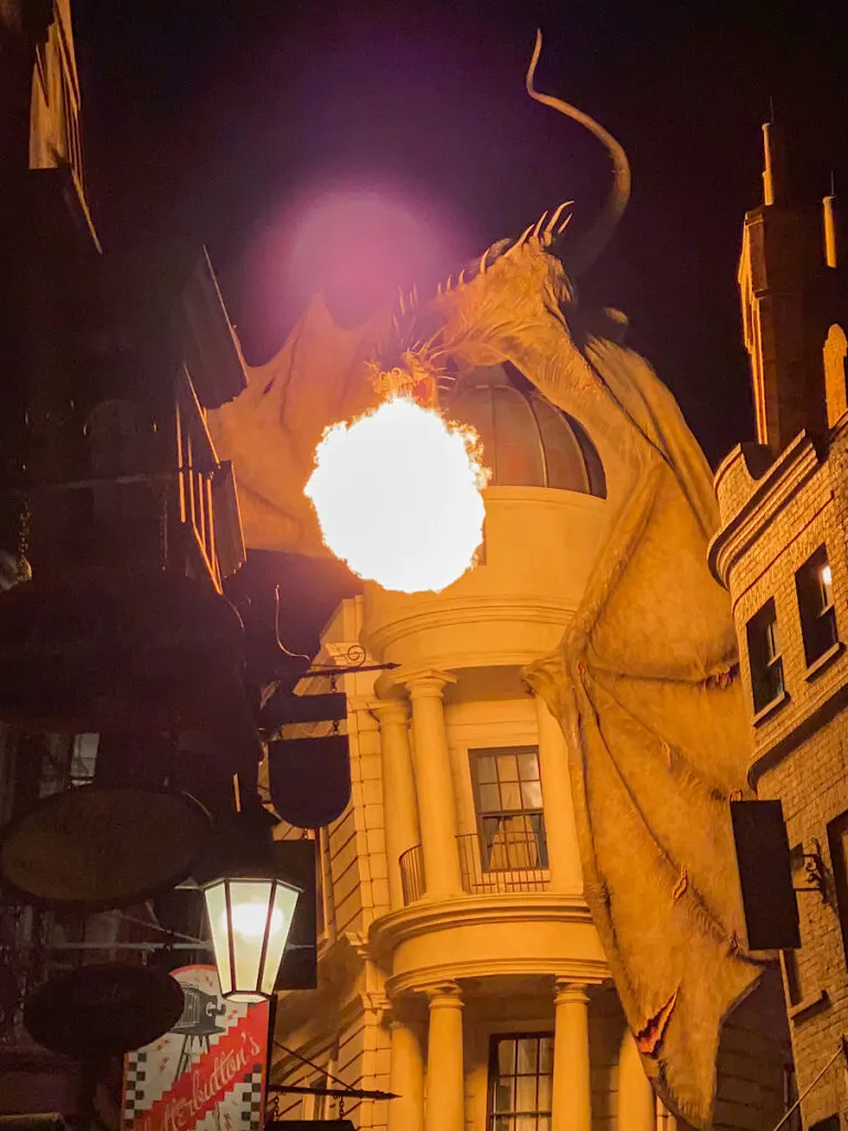 Fire-breathing dragon outside Gringott's Bank at Diagon Alley in Universal Orlando.