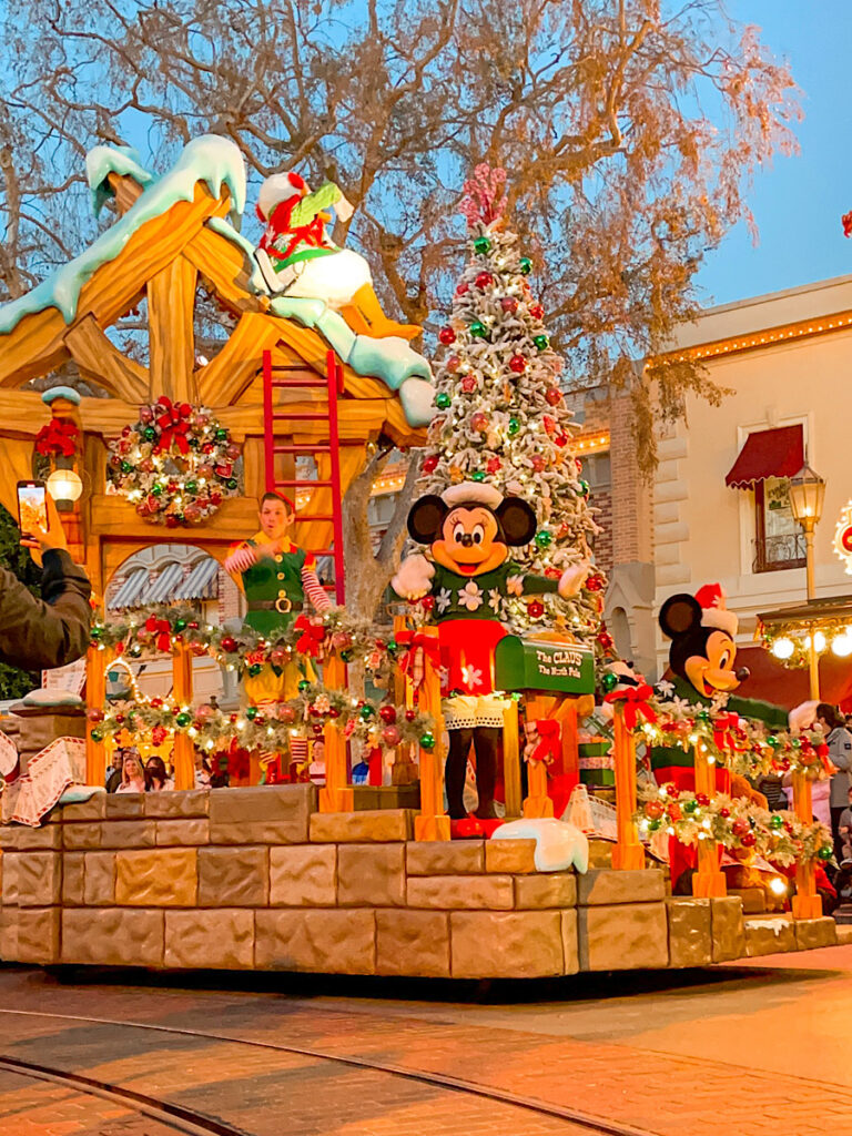 Mickey and Minnie on a float in the Disneyland Christmas Fantasy Parade.