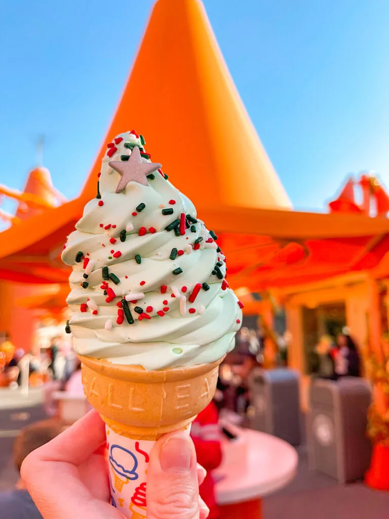 Peppermint Christmas Tree Ice Cream Cone from Cozy Cone Motel at Disneyland.