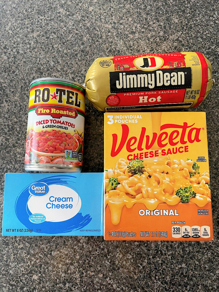 Ingredients to make cheesy Rotel dip with sausage.