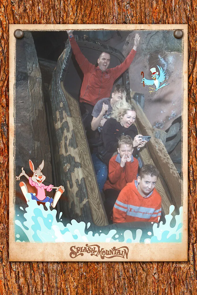 A family riding Splash Mountain at Disneyland.